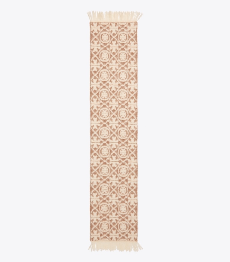 Tory Burch designer scarves Knit Brushed T Monogram Oblong Scarf in T Monogram Diamond Oblong Camel overhead