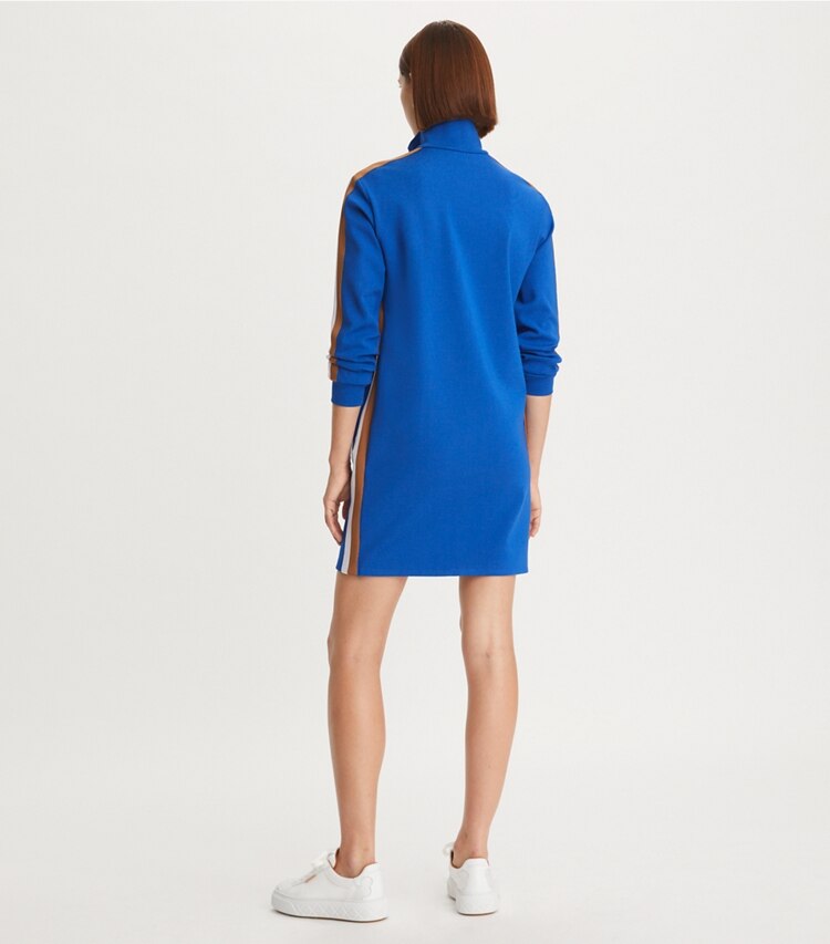 Tory Burch designer dresses Knit Quarter Zip Dress in Blue Lapis on model back