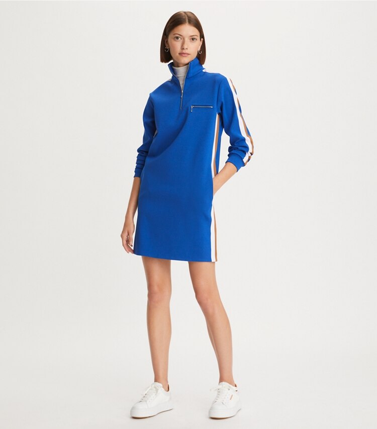 Tory Burch designer dresses Knit Quarter Zip Dress in Blue Lapis on model front