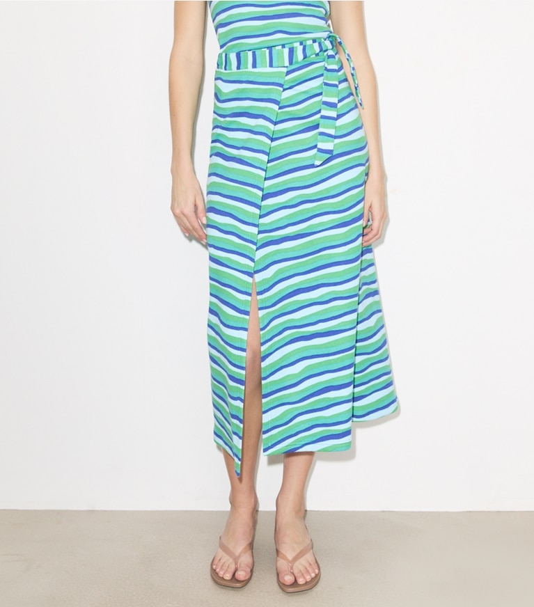 Tory Burch designer coverups Knit Wrap Skirt in Blue Stripe on model detail