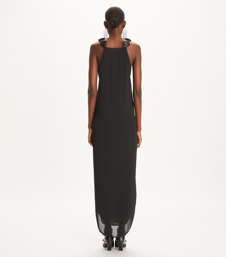 Tory Burch designer dresses Knotted Crepe Dress in Black on model back