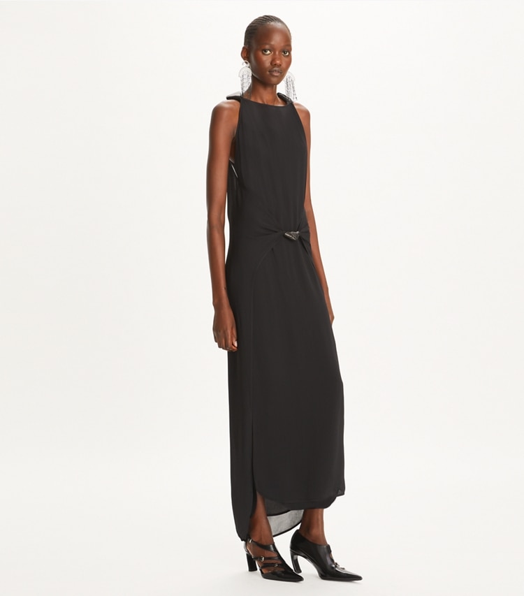 Tory Burch designer dresses Knotted Crepe Dress in Black on model front