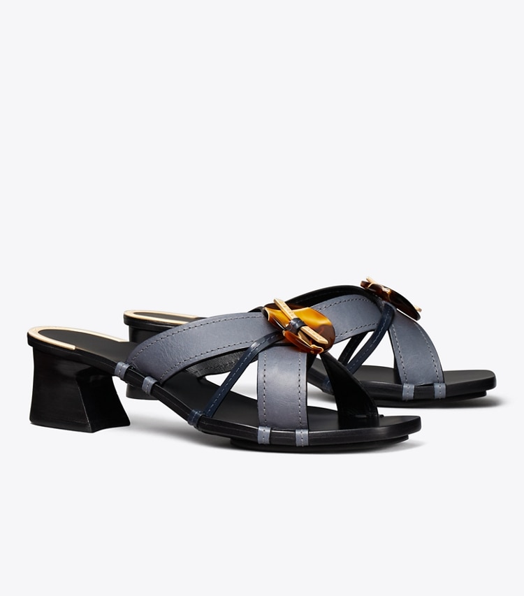 Tory Burch designer sandals Knotted Heeled Mule Sandal   in Blue / Perfect Navy angle