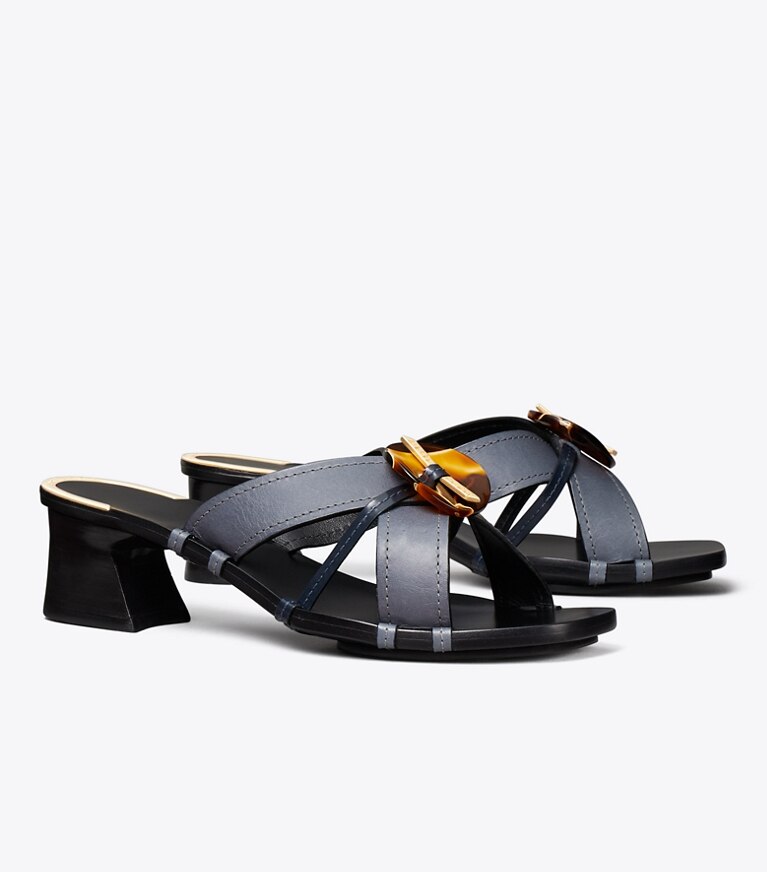 Tory Burch designer sandals Knotted Heeled Mule Sandal   in Blue / Perfect Navy angle