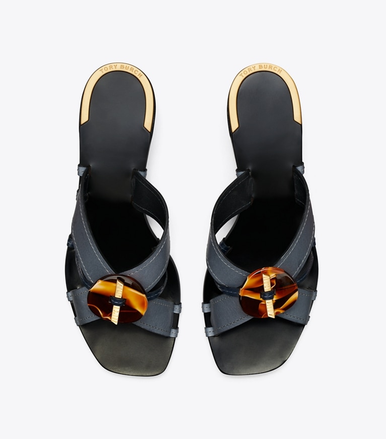 Tory Burch designer sandals Knotted Heeled Mule Sandal   in Blue / Perfect Navy angle