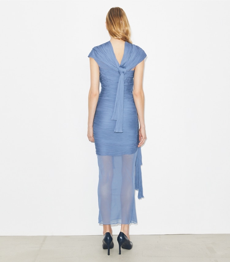 Tory Burch designer dresses Knotted Viscose Dress in Pale Blue on model back
