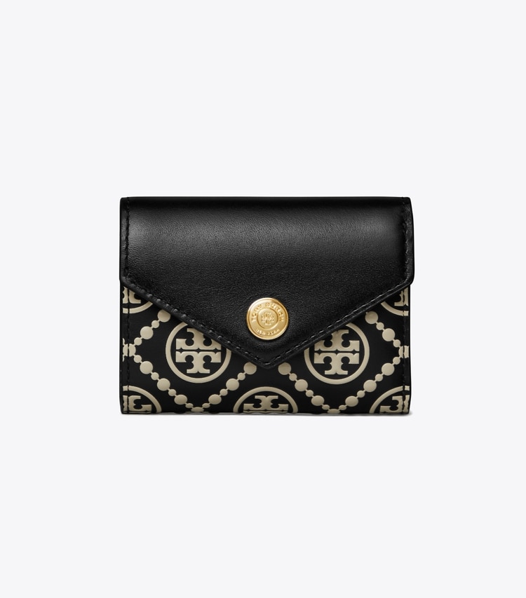 Tory Burch designer geldbörsen Kontrastierend geprägte, kleine Geldbörse im Kuvert-Stil mit T-Monogramm in Black / NEW CREAM front