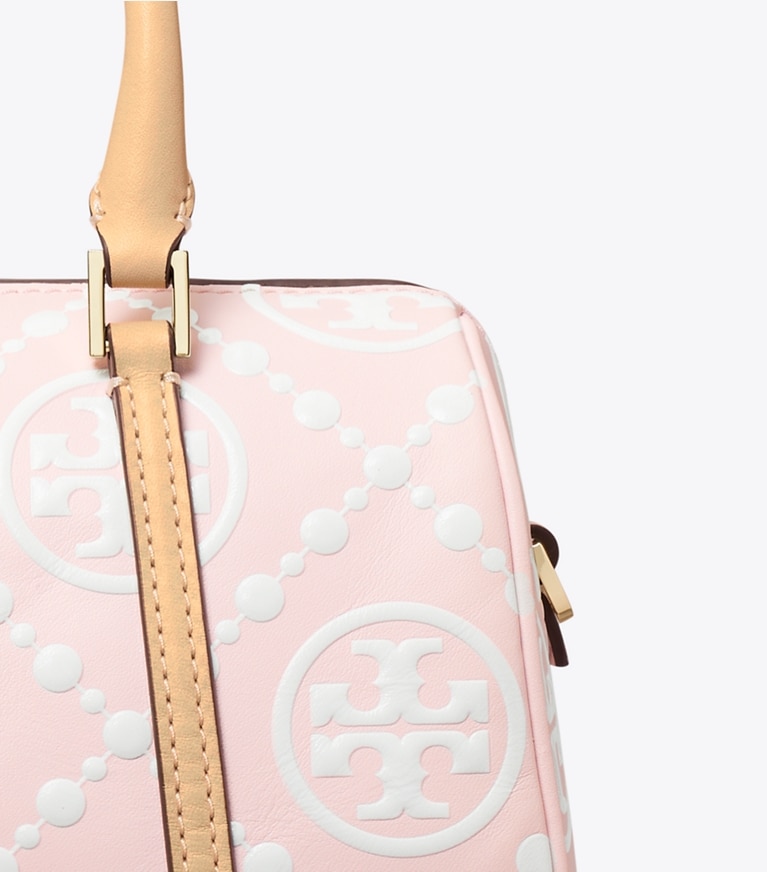 Tory Burch designer crossbody bags Kontrastierend geprägte Petite Barrel Bag mit T-Monogramm in Powder Pink angle
