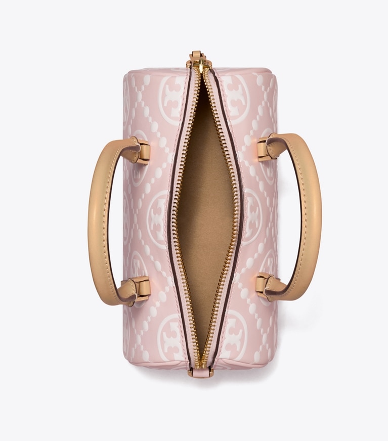 Tory Burch designer crossbody bags Kontrastierend geprägte Petite Barrel Bag mit T-Monogramm in Powder Pink angle