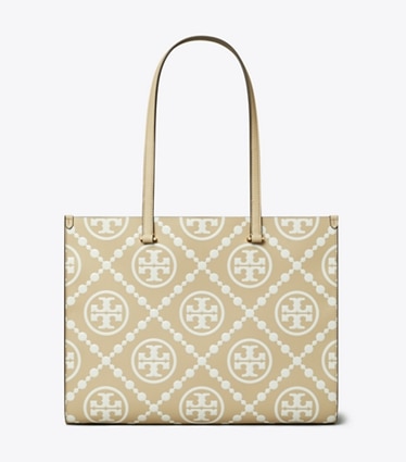 Tory Burch designer tote bags Kontrastierend geprägte Tote Bag mit T-Monogramm in Beige front
