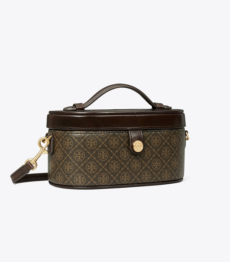 Tory Burch designer kleine taschen Kosmetiktasche aus beschichtetem Canvas mit T-Monogramm in French Press angle