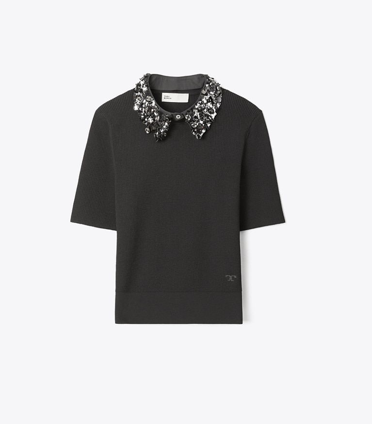 Tory Burch designer oberteile Kurzärmeliges Top mit verziertem Kragen in Black front
