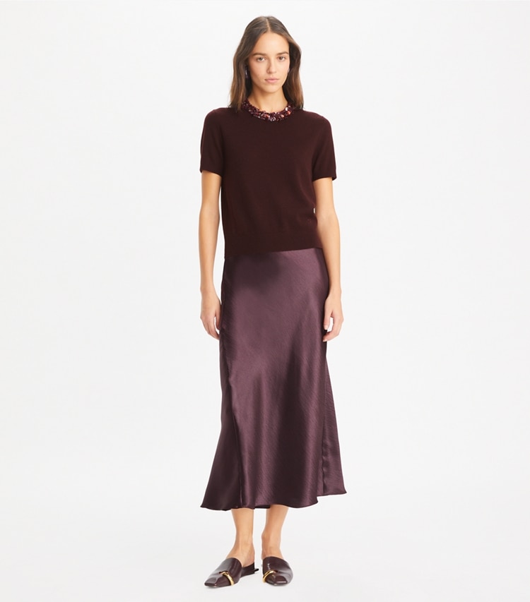 Tory Burch designer strickware Kurzarmpullover aus Wolle mit Pailletten in Dark Winterberry modell von vorn