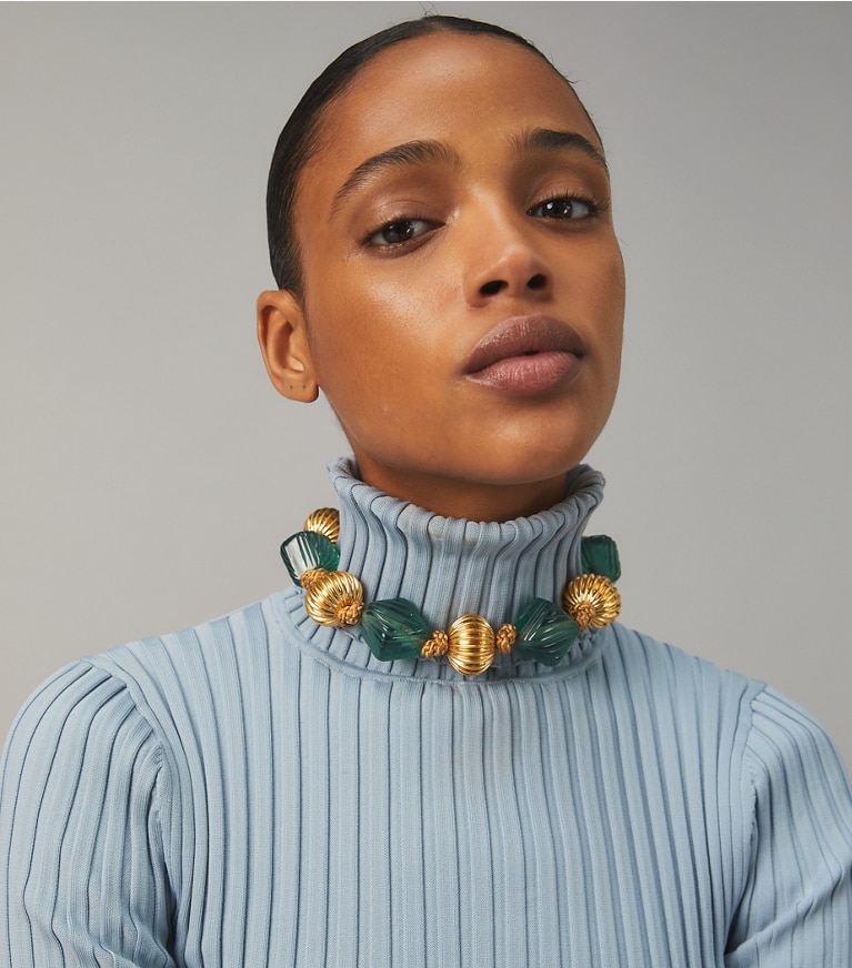 Tory Burch designer halsketten Kurze Roxanne Statement-Halskette in Rolled Brass / Azure Green front