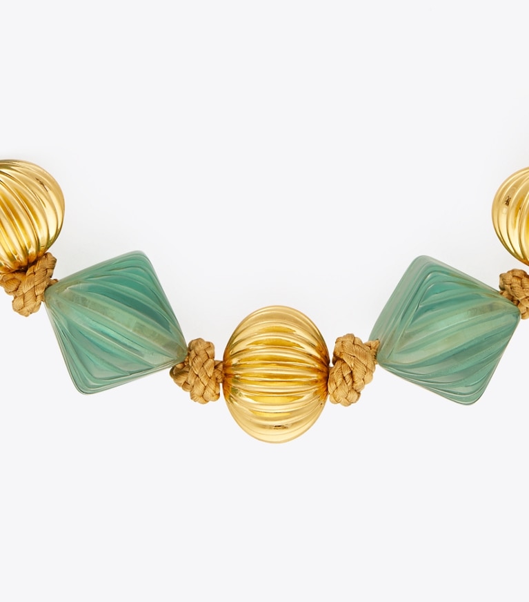 Tory Burch designer halsketten Kurze Roxanne Statement-Halskette in Rolled Brass / Azure Green front