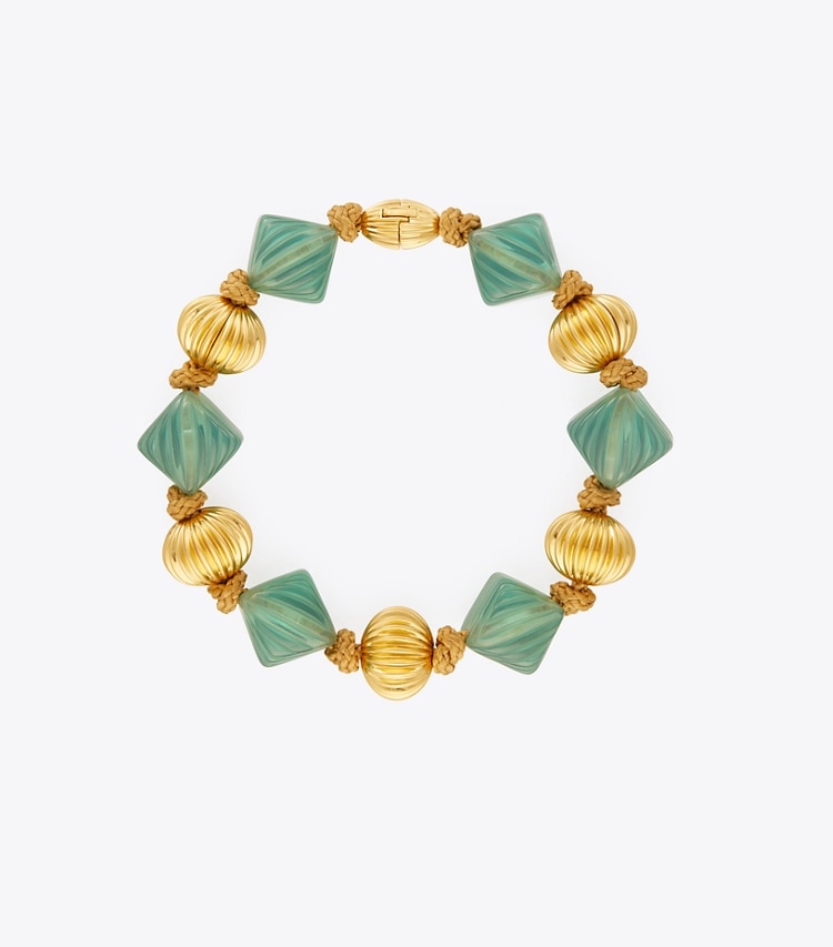 Tory Burch designer halsketten Kurze Roxanne Statement-Halskette in Rolled Brass / Azure Green front