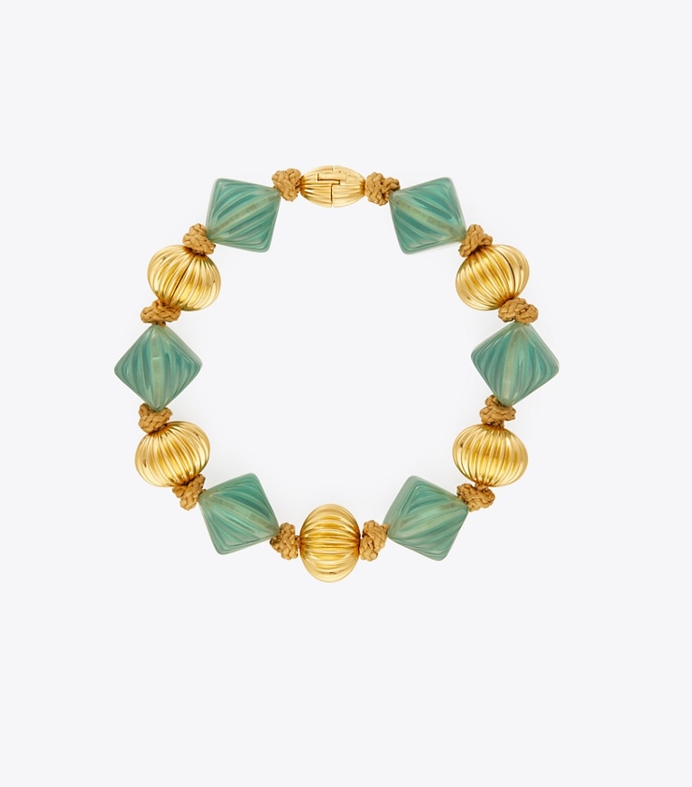 Tory Burch designer halsketten Kurze Roxanne Statement-Halskette in Rolled Brass / Azure Green front