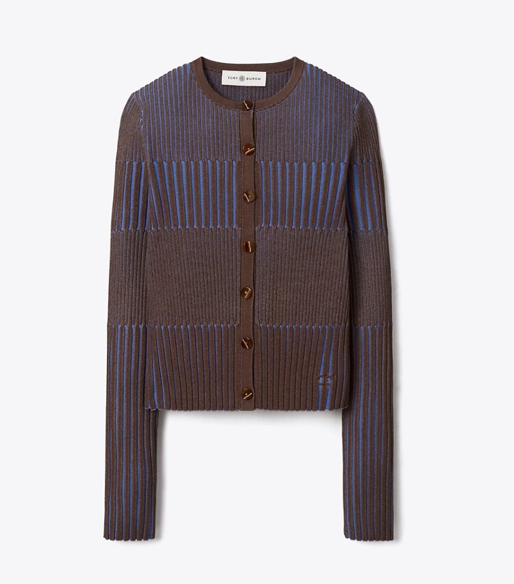 Tory Burch designer strickware Kurzer, gerippter Cardigan in Dark Cocoa / Dark Cornflower front