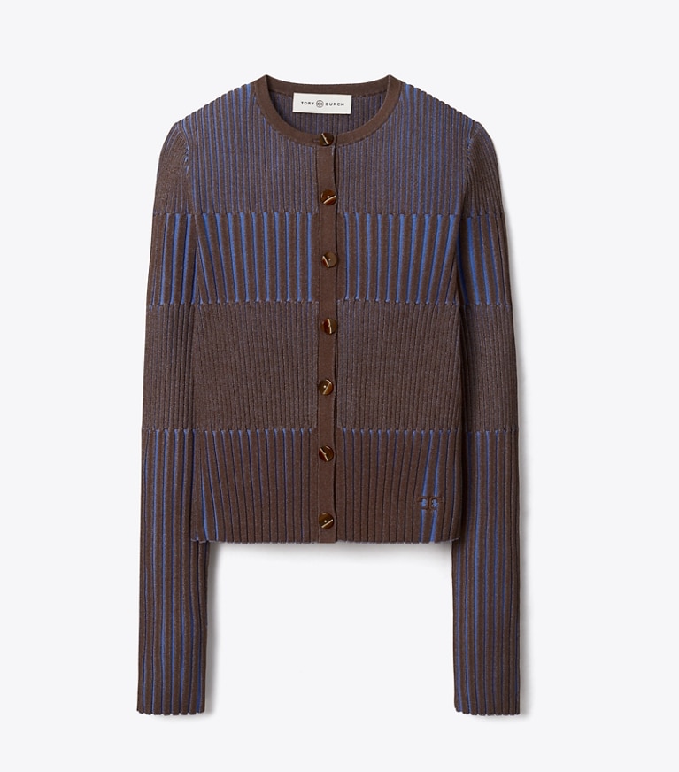 Tory Burch designer strickware Kurzer, gerippter Cardigan in Dark Cocoa / Dark Cornflower front