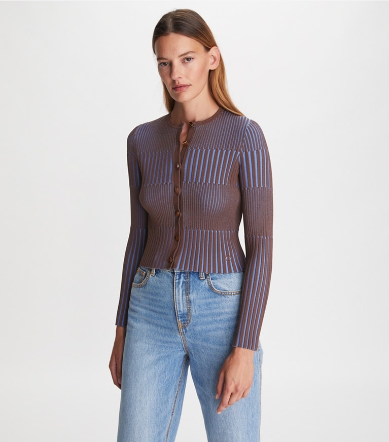 Tory Burch designer strickware Kurzer, gerippter Cardigan in Dark Cocoa / Dark Cornflower front