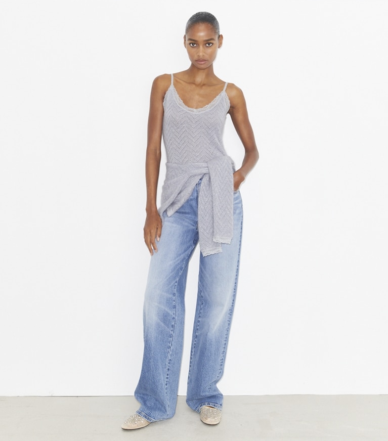 Tory Burch designer tops Lace Camisole in Cool Platinum/ Snow Blue Metallic front