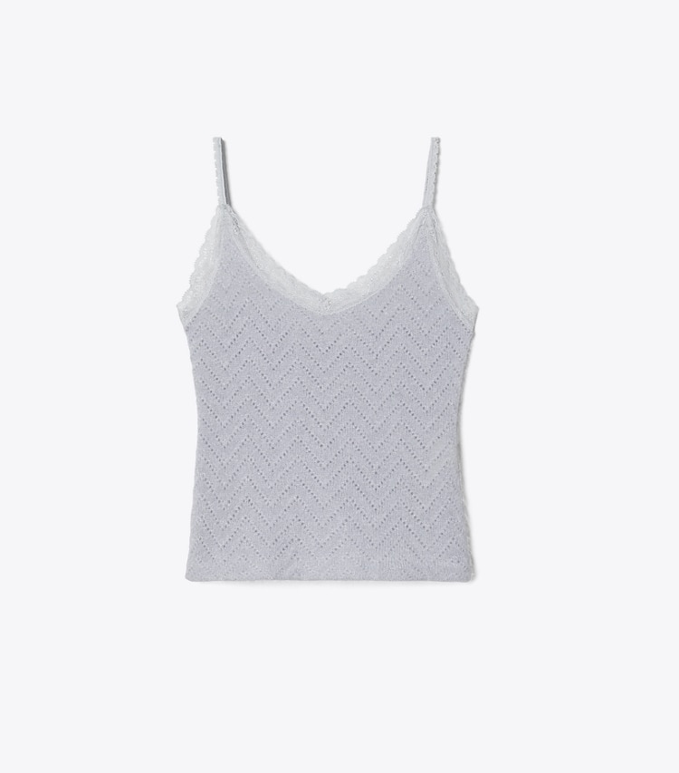 Tory Burch designer tops Lace Camisole in Cool Platinum/ Snow Blue Metallic front