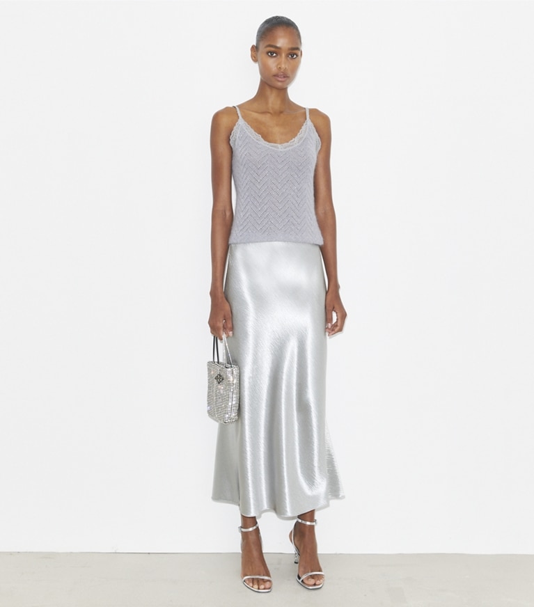 Tory Burch designer tops Lace Camisole in Cool Platinum/ Snow Blue Metallic front