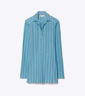 Tory Burch designer トップス レースアップ ジャージー チュニック in Blue Multi Stripe front