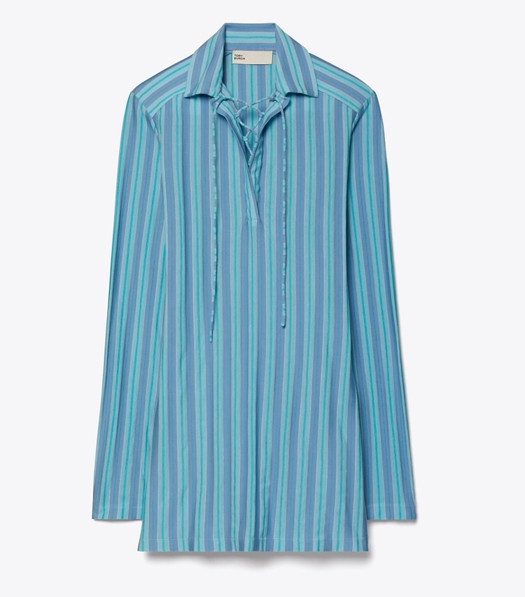 Tory Burch designer tops Lace-Up Jersey Tunic in Blue Multi Stripe front