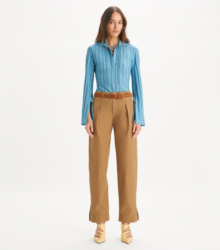 Tory Burch designer tops Lace-Up Jersey Tunic in Blue Multi Stripe on model front