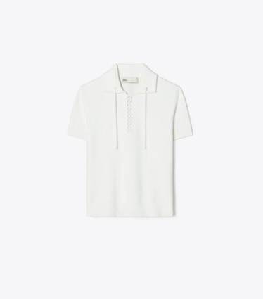 Tory Burch designer tops Lace-Up Polo Sweater in White front