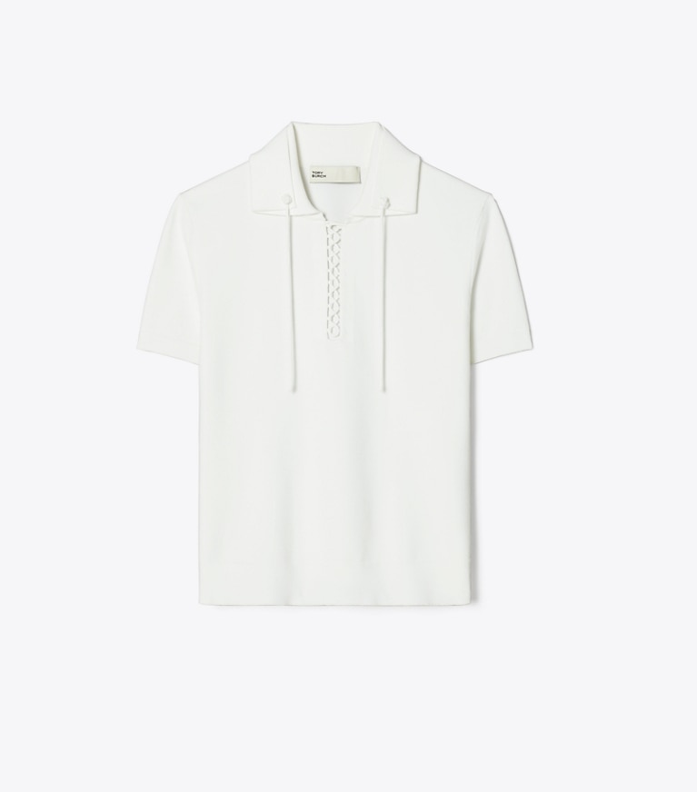 Tory Burch designer tops Lace-Up Polo Sweater in White front