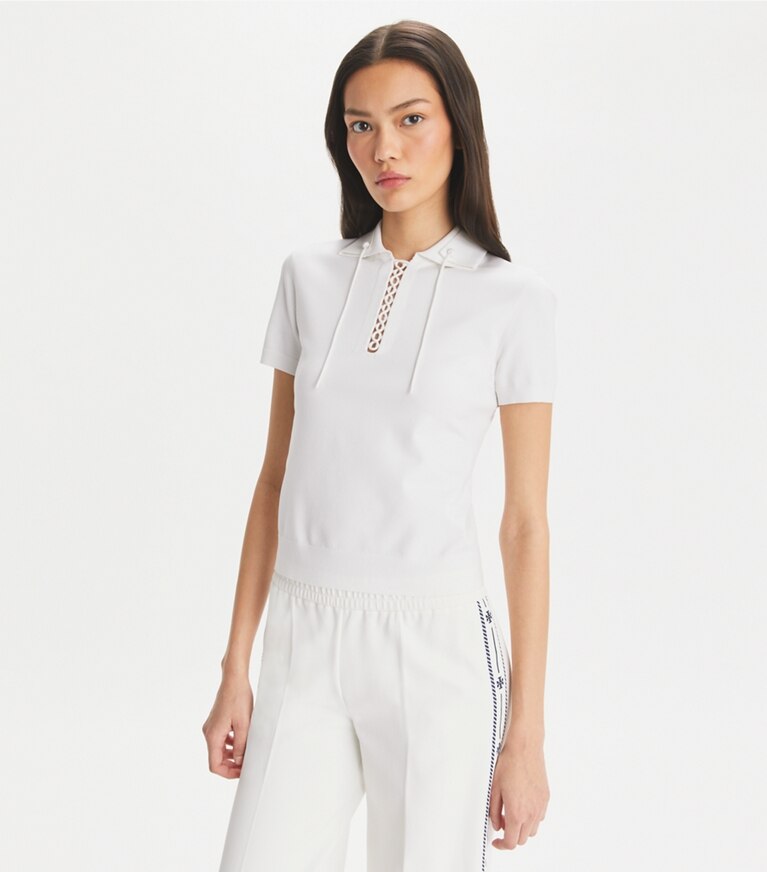 Tory Burch designer トップス レースアップ ポロセーター in White front