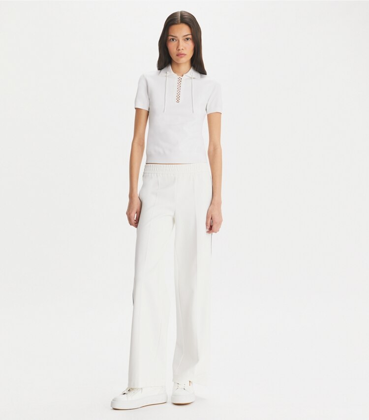 Tory Burch designer トップス レースアップ ポロセーター in White モデル前面