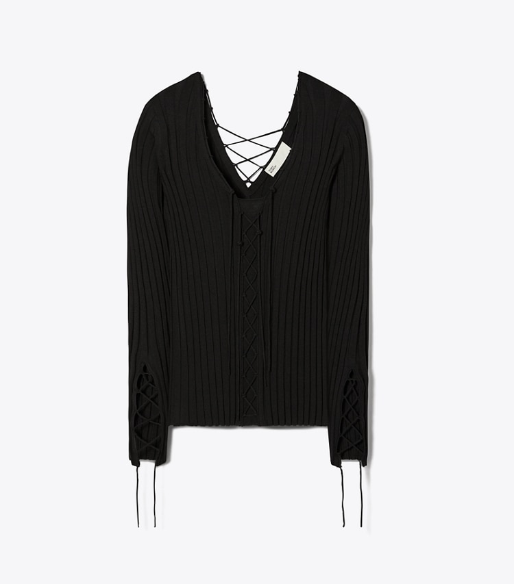 Tory Burch designer sweaters Lace-Up Wool Sweater in Black front