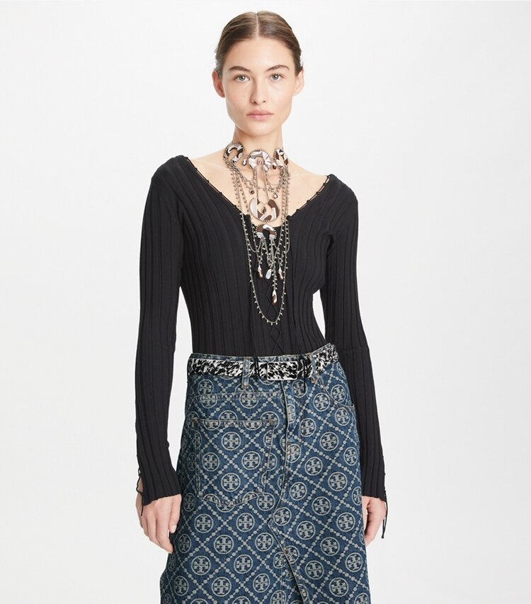 Tory Burch designer sweaters Lace-Up Wool Sweater in Black on model detail