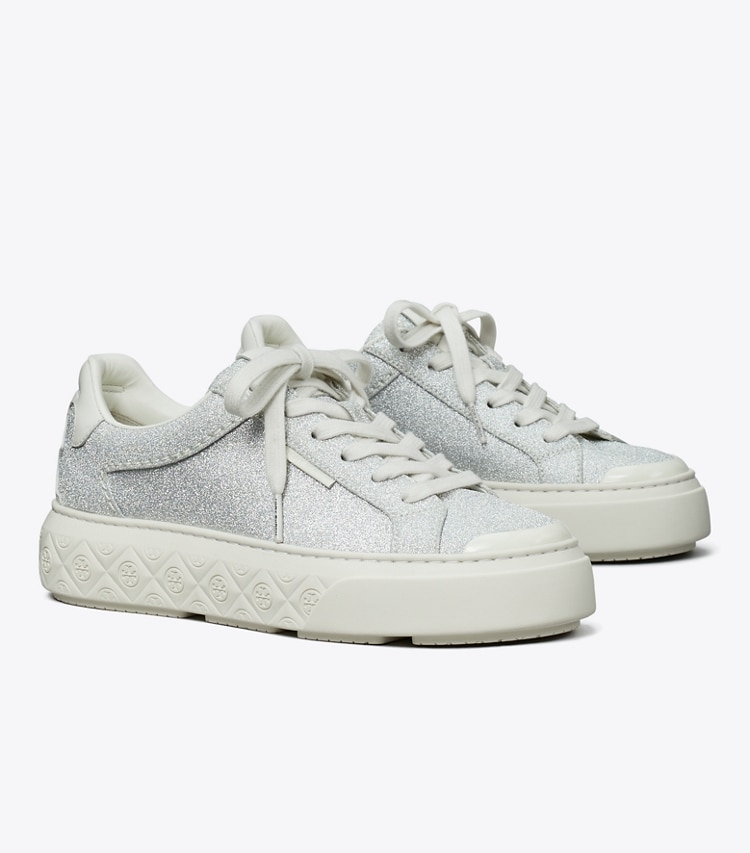 Tory Burch designer sneakers Ladybug Glitter Sneaker in ARGENTO / BLANC angle