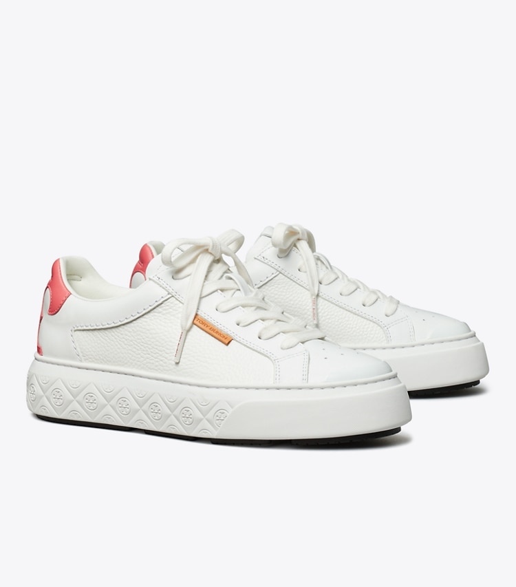 Tory Burch designer sneakers Ladybug Sneaker in WHITE / CORAL CRUSH angle