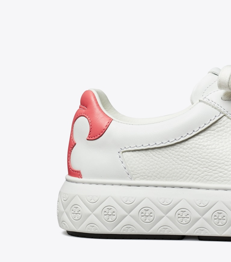 Tory Burch designer sneakers Ladybug Sneaker in WHITE / CORAL CRUSH angle