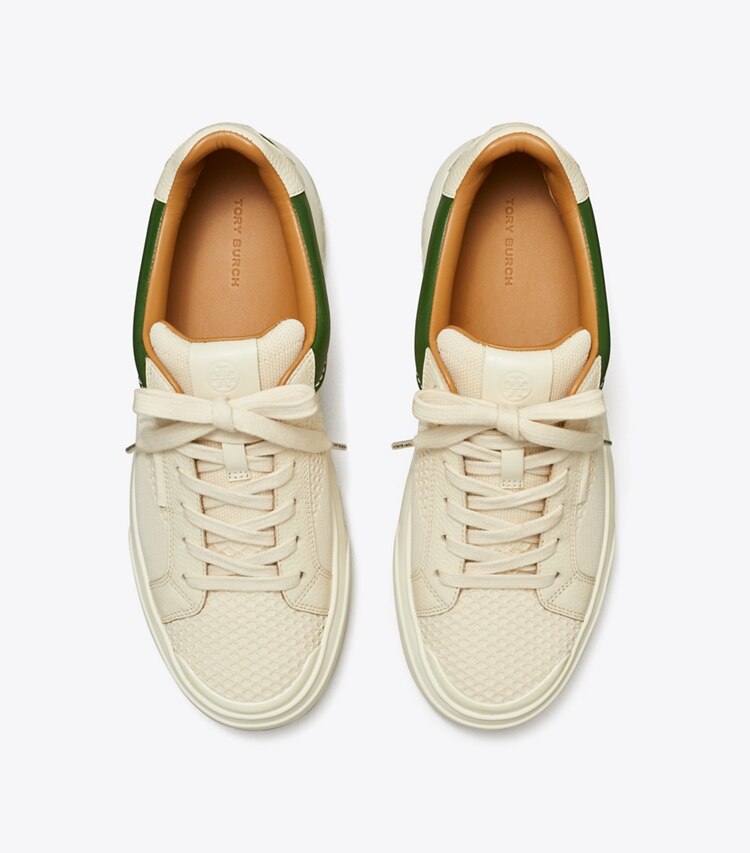 Tory Burch designer スニーカー レディーバグ ニットスニーカー in LIGHT CREAM / DARK CLOVER オーバーヘッド