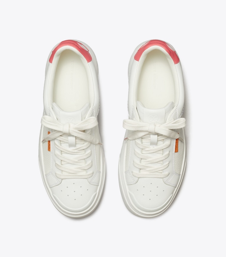 Tory Burch designer sneakers Ladybug Sneaker in WHITE / CORAL CRUSH angle