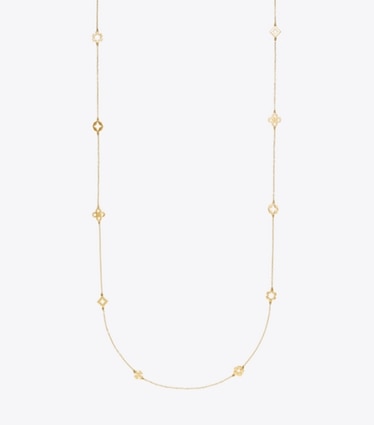 Tory Burch designer halsketten Lange Forget Me Not Halskette in Tory Gold front