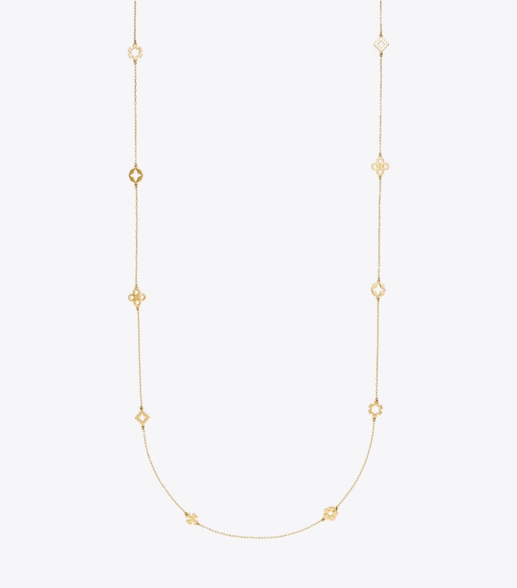 Tory Burch designer halsketten Lange Forget Me Not Halskette in Tory Gold front