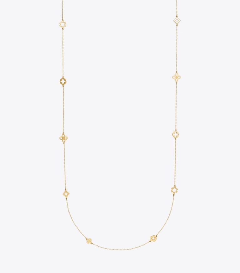 Tory Burch designer halsketten Lange Forget Me Not Halskette in Tory Gold front