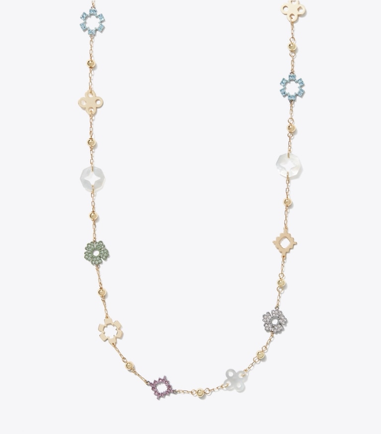 Tory Burch designer halsketten Lange Forget Me Not Pavé-Halskette in Tory Gold / Multi front