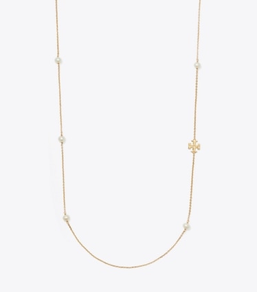 Tory Burch designer halsketten Lange Moondance Halskette mit Perlen in Tory Gold / Pearl front