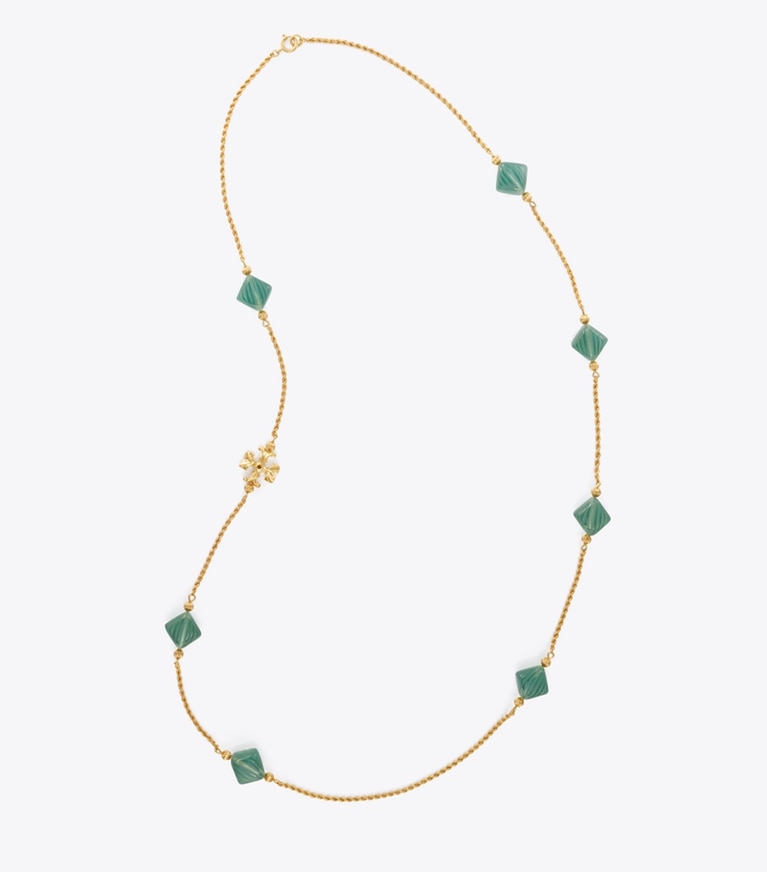 Tory Burch designer halsketten Lange Roxanne Halskette in Rolled Brass / Azure Green front