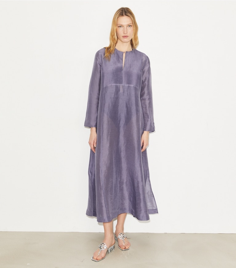 Tory Burch designer strandmode Langer Leinenkaftan in Lavender modell von vorn