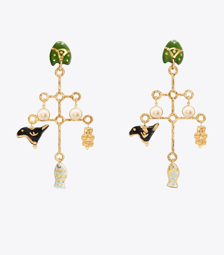 Tory Burch designer earrings Large Ceramic Charm Earring in Multi / Ceramic Blue/Gold / Smoky Topaz front