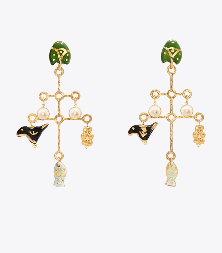 Tory Burch designer earrings Large Ceramic Charm Earring in Multi / Ceramic Blue/Gold / Smoky Topaz front